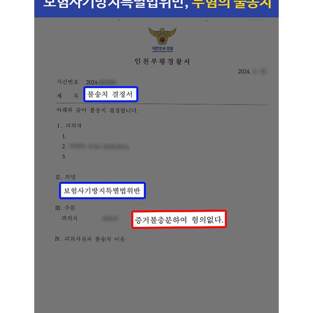 교통사고 보험사기방지특별법위반 혐의 의뢰인 변호하여 무혐의 불송치 결정 이끌어내